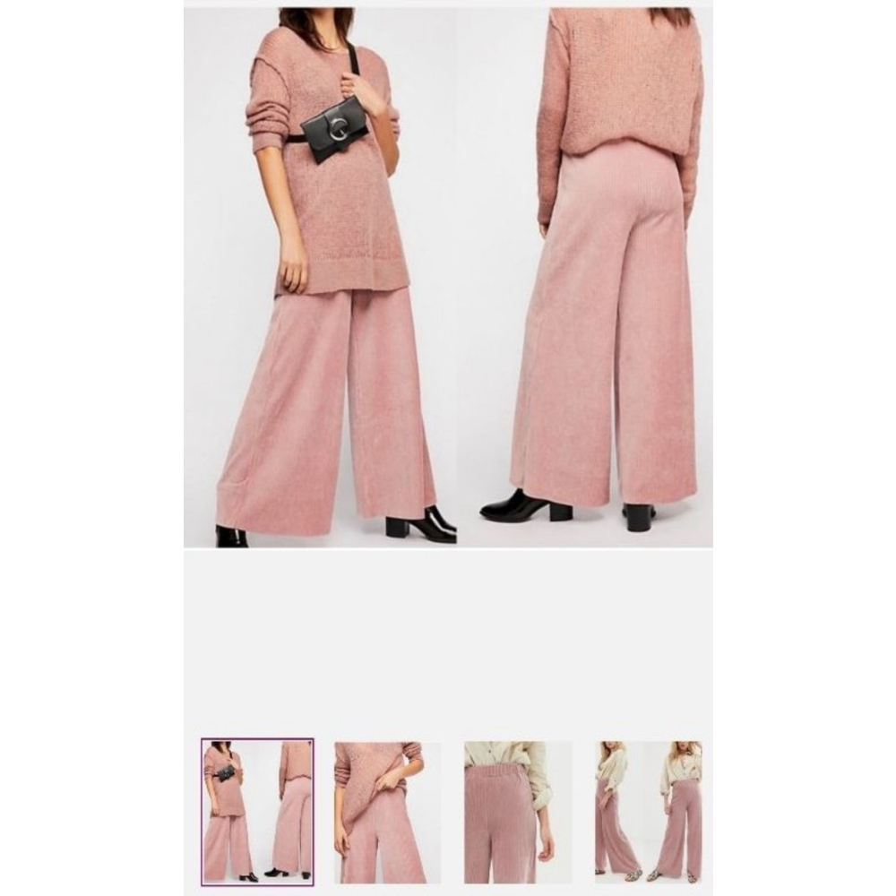 Women's Free People Soft Pink Boho Revival Ribbed Wide Leg Pallazo Pants S